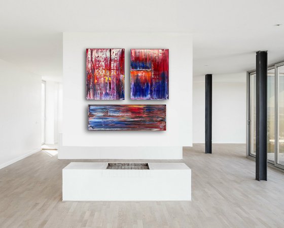 "Cut It Together" - Save As A Series - Original Large PMS Abstract Triptych Oil Paintings On Canvas - 72" x 24"