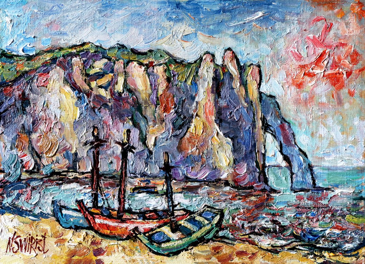 Impressionistic Landscape Oil Painting By Nikifor Swiristuhin, 14 X 10", Boats On The Shore., Original Artwork