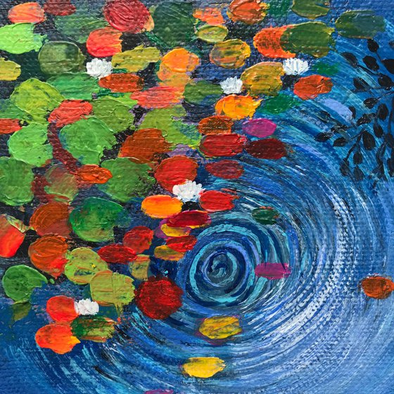 Water lilies pond with ripples ! Miniature painting! Ready to hang!