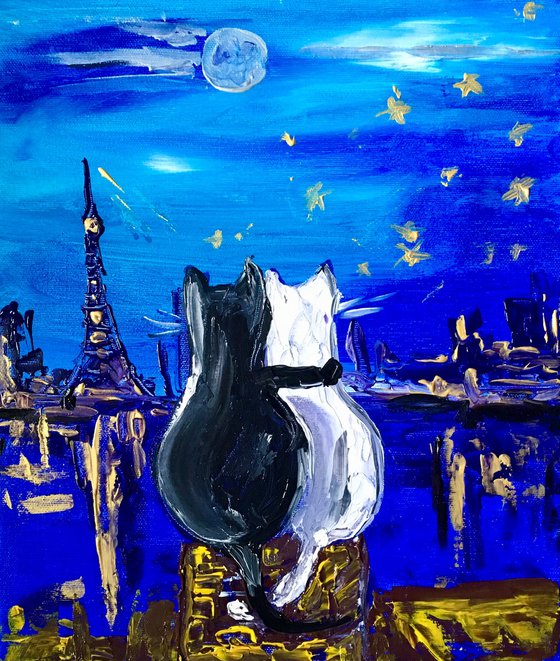 Cats in Paris. Parisian roofs , romantic evening. Palette knife painting.