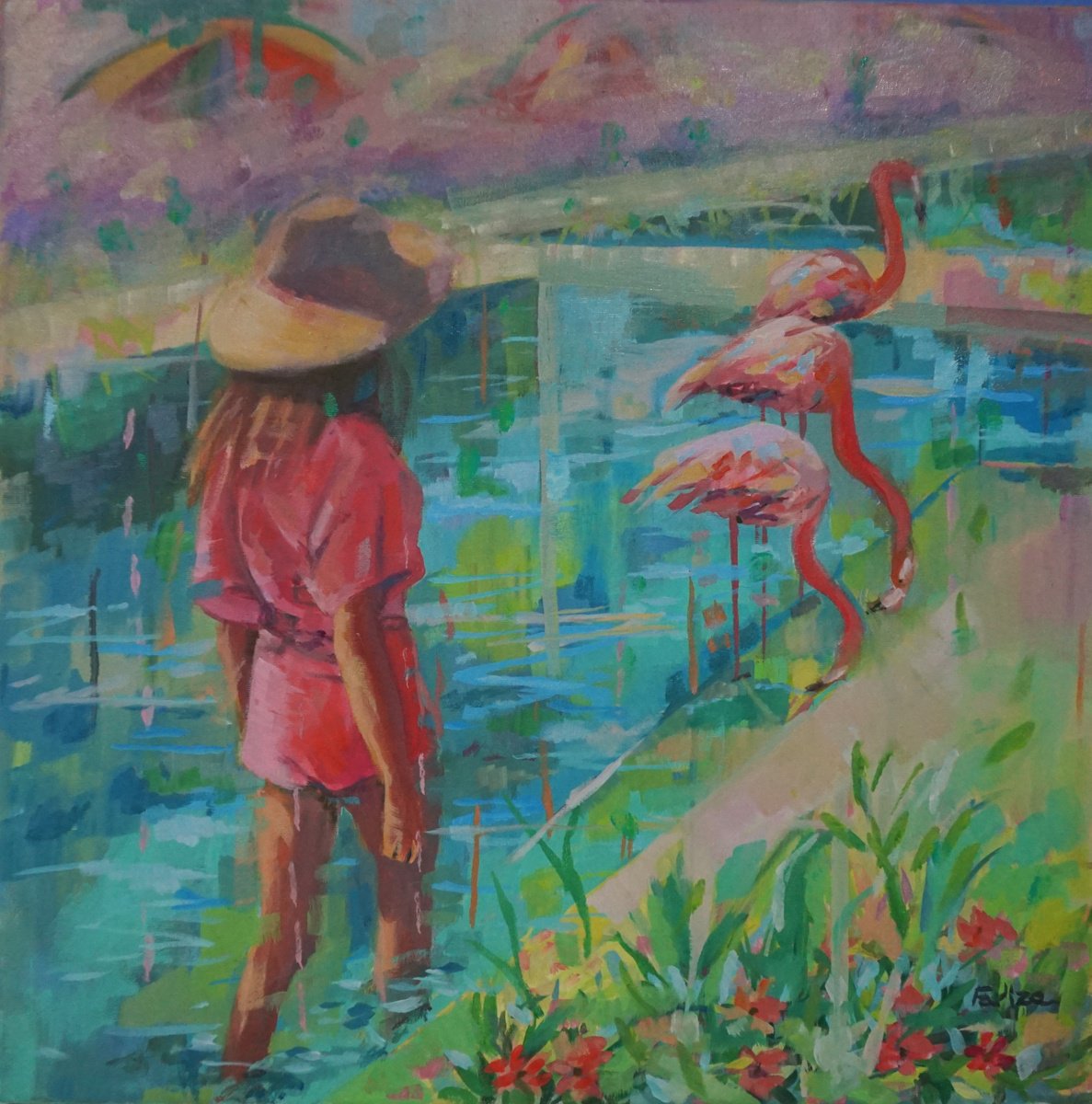 Impressionistic Portrait Oil Painting By Amaya Fernandez Fariza, 20 X 20, Pink And Blue, Original Artwork