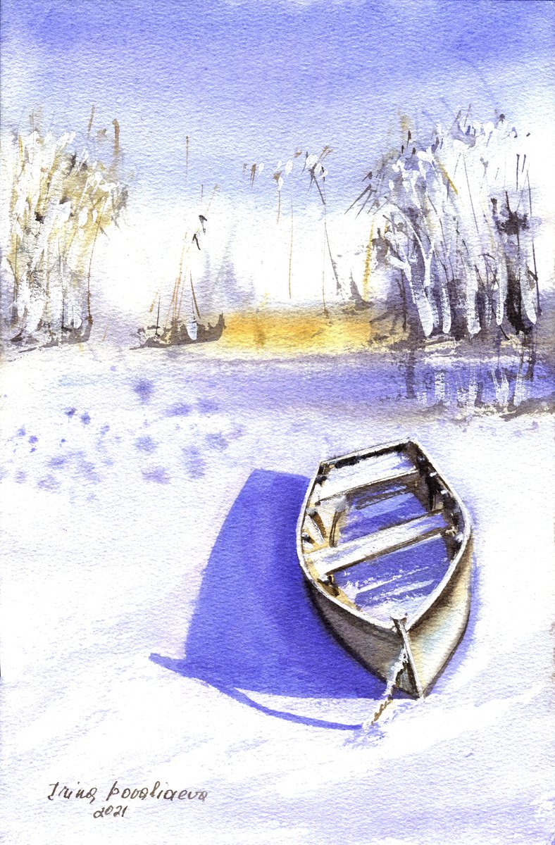 Boat at the winter river original watercolor painting blue sky painting small format gift... by Irina Povaliaeva