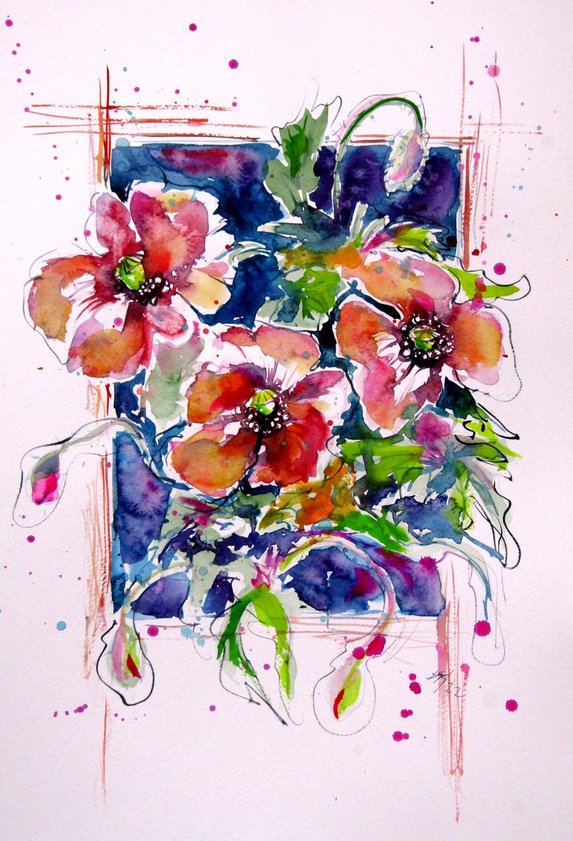 Expressive Botanical Watercolour By Kovacs Anna Brigitta, 14 X 20", Playful Poppy, Original Artwork