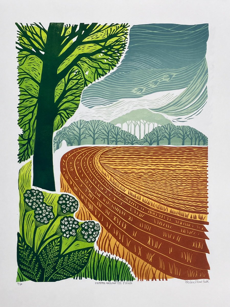 Impressionistic Landscape Linocut By Helen Maxfield, 15 X 20, Footpath Around The Fields, Original Artwork