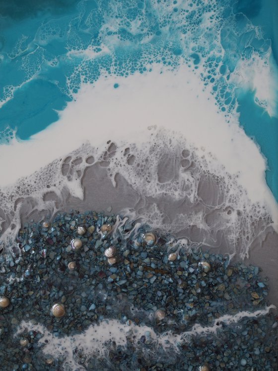 Turquoise waves - original seascape resin artwork with real blue shell