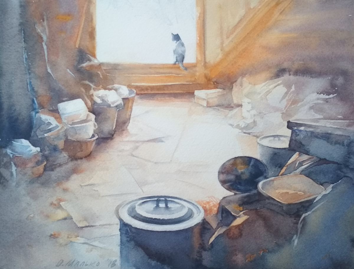 The Hostess of the attic / Watercolor interior with cat. Gold gray painting by Olha Malko