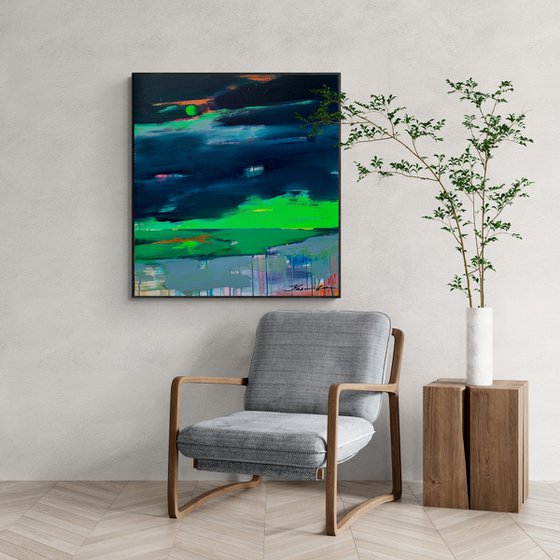 "Before the rain" - Expressionism - Minimalism - Seascape - Landscape - Dark blue - Bright green