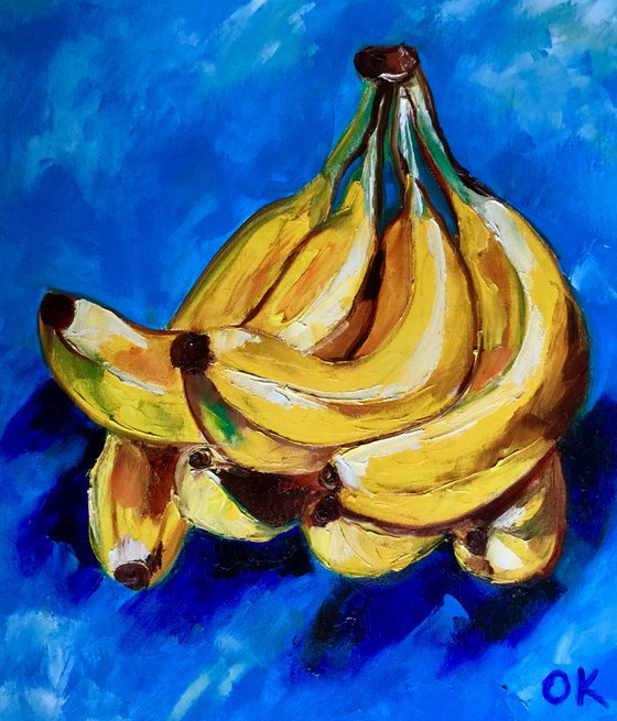 Bananas on  turquoise  Still life. Palette knife painting on linen canvas