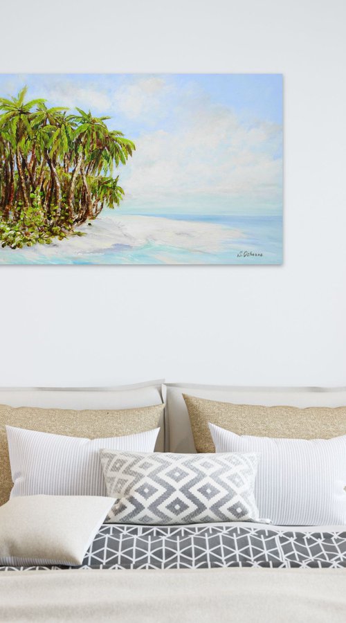 Large Abstract Seascape Painting. Palm trees. Beach, Ocean, Waves, Sky with Clouds, Sailboats, Sailing, Yacht. by Sveta Osborne