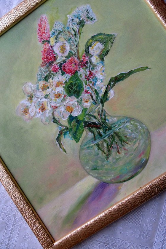 Summer dreaming - Romantic Traditional Impressionistic not Abstract Prizewinning Medium-sized Ligt Green Pink Special Gift Idea Country Flowers Oil Painting 15,8x15,8 in. (40x40 cm)