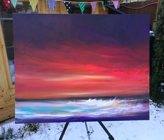 Day's End - Sunset, Seascape, Red, Skies - XL, Modern Art Office Decor Home