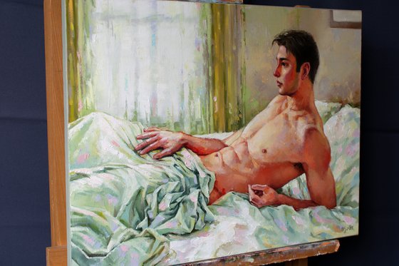 MORNING LIGHT by Yaroslav Sobol (Contemporary original oil painting of a nude male model in a bedroom filled with morning light, Home Decor)