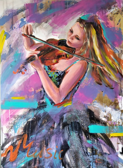 Allegro- woman violinist  Painting on MDF by Antigoni Tziora
