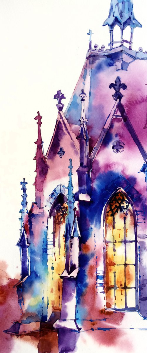 "Gothic cathedral in the evening" original watercolor painting in bright colors by Ksenia Selianko