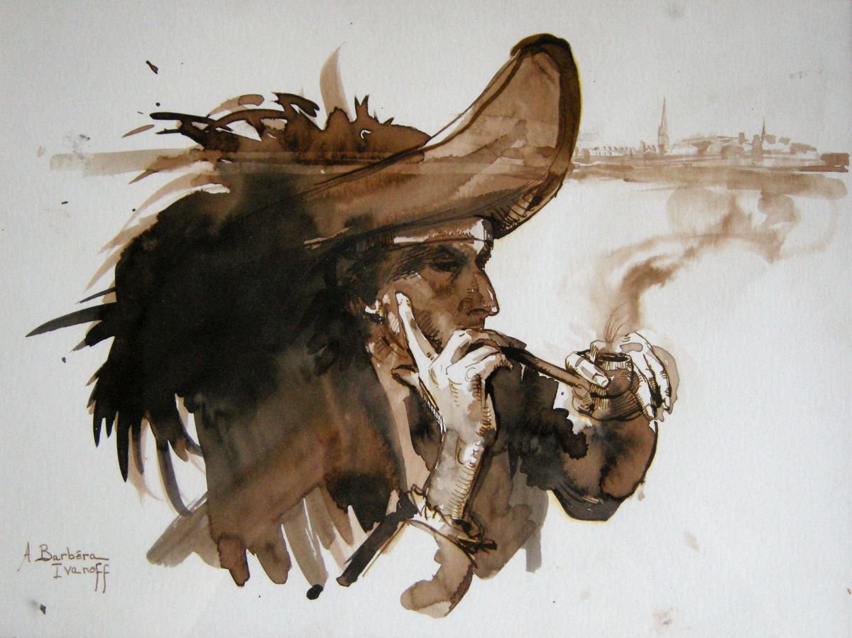 Expressive Portrait Ink Drawing By Alexandre Barbera-Ivanoff, 16 X 12, Trip i? Saint-Malo, Original Artwork