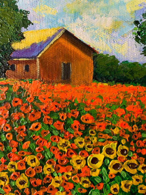 House in flower field ! Miniature Painting!!  Ready to hang