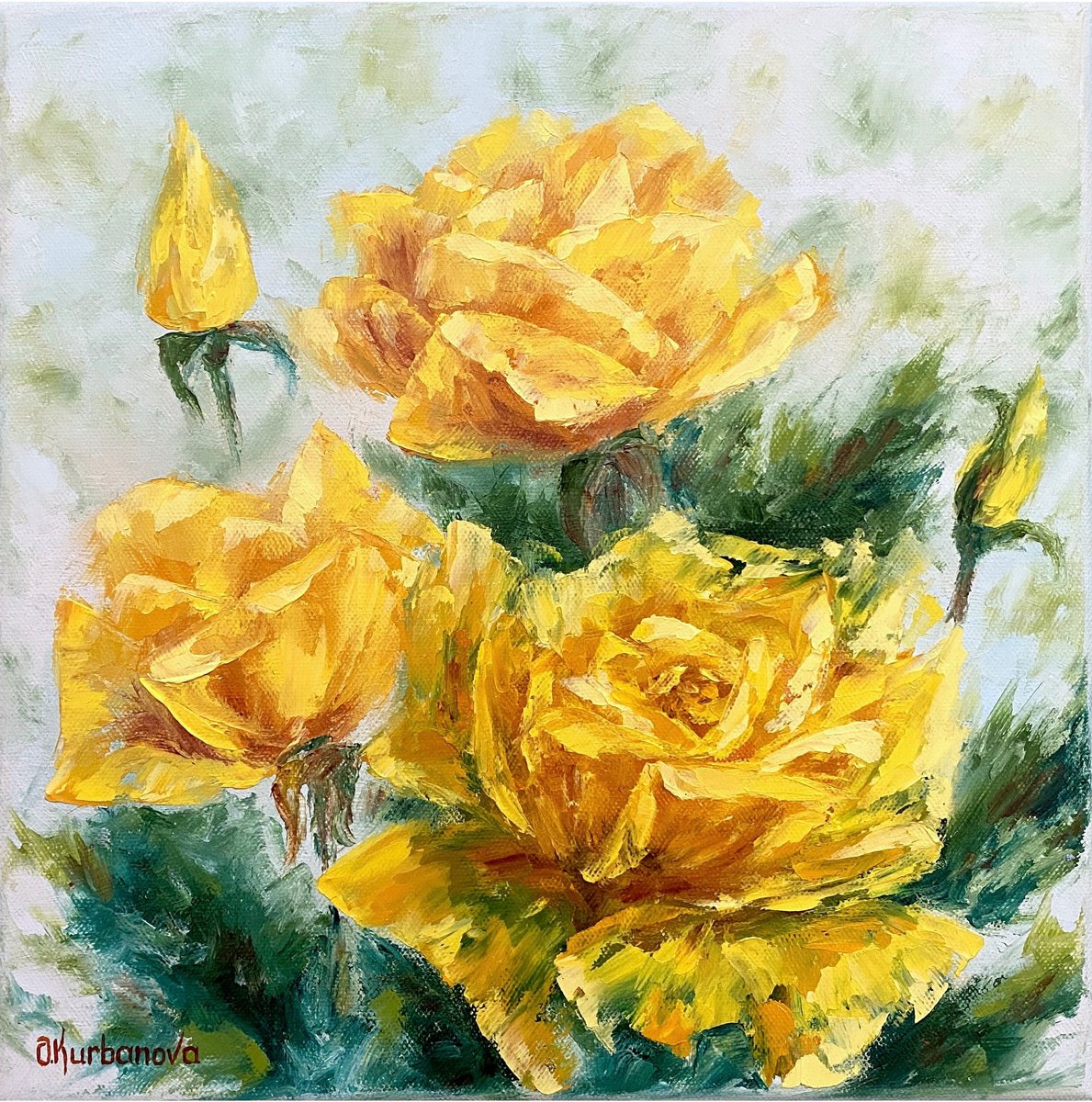 Impressionistic Botanical Oil Painting By Olga Kurbanova, 12 X 12", Yellow Beauty, Original Artwork