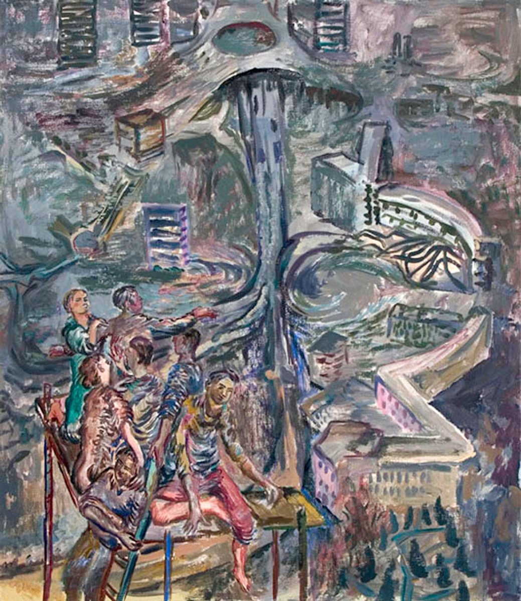 Expressive Cityscapes Oil Painting By Frank Creber, 30 X 35, Brown Field Site, Original Artwork