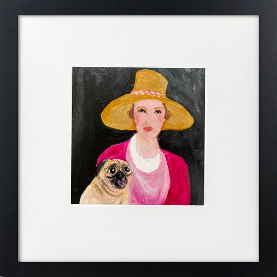 Woman pug dog framed