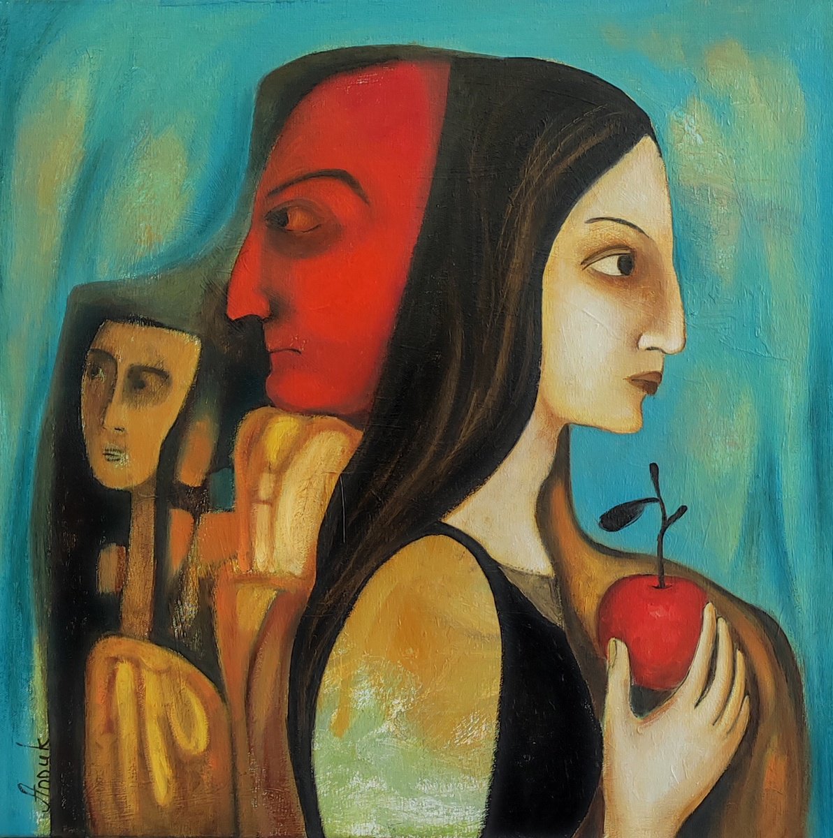 Expressive Portrait Oil Painting By Anna Soghomonyan, 20 X 20, The Red Face, Original Artwork