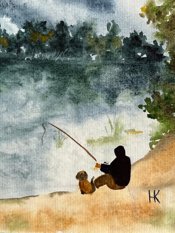 Man and Dog Painting Fishing Original Art Lake Watercolor Small River Landscape Wall Art 8 by 12" by Halyna Kirichenko