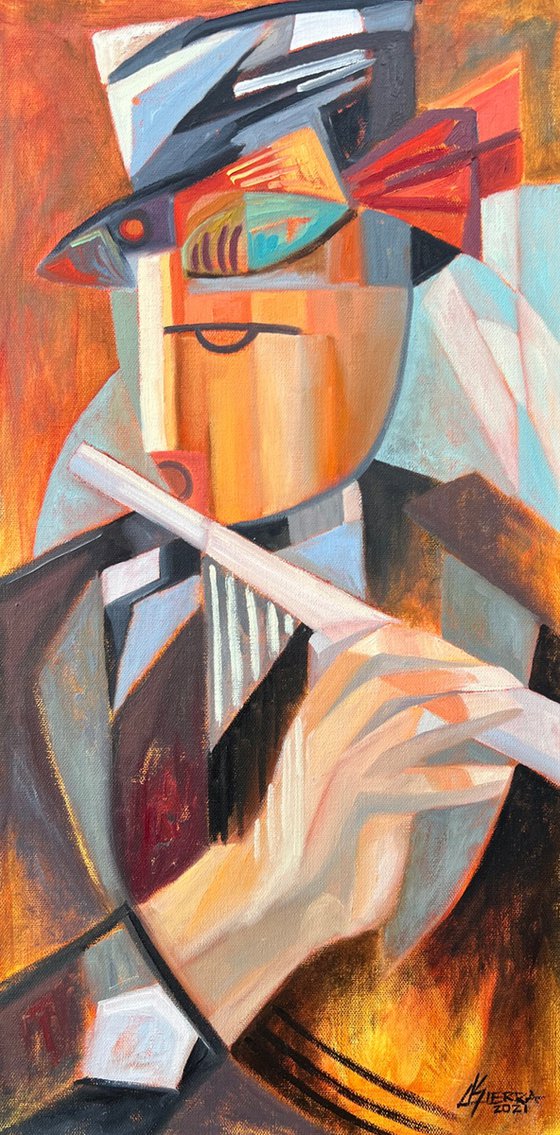 Cubist Flutist Art — Musician in Warm Hues
