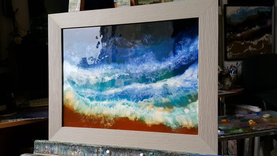 Abstract Fluid original artwork, painting Sea Surf, sea waves, coast