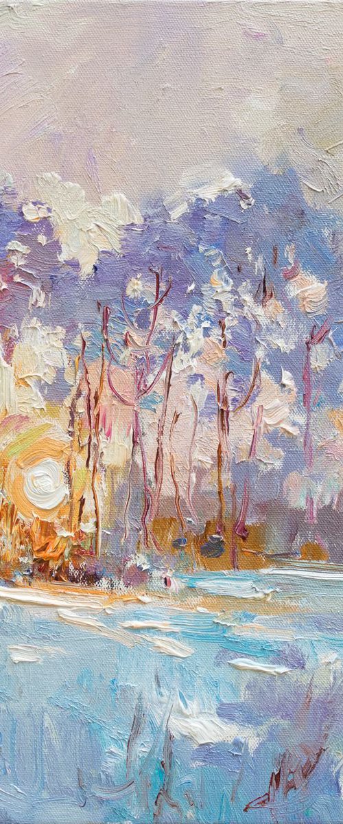 Winter forest landscape at sunset Original oil painting by Anastasiia Valiulina