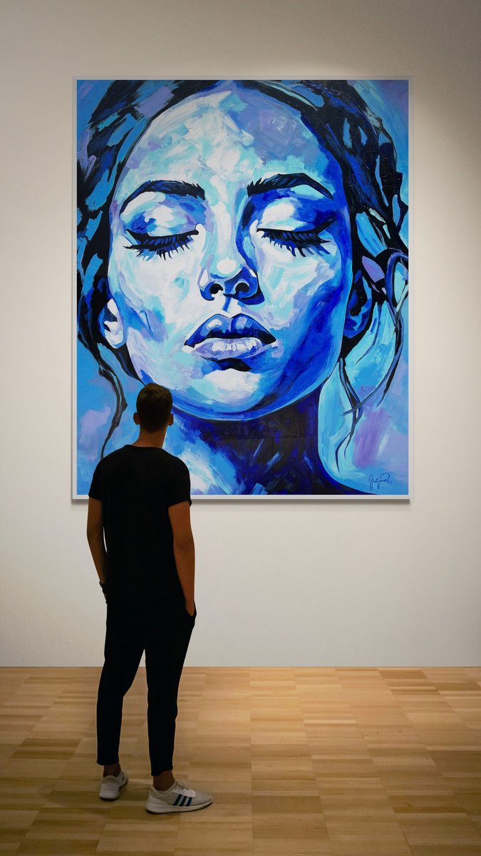 Abstract Portrait Acrylic Painting By Julijana Ravbar, 47 X 59", Blue Silence, Original Artwork