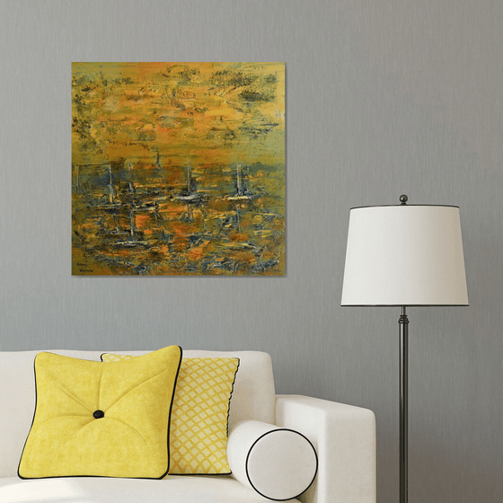 Gold above the port. Impressionistic palette knife seascape.