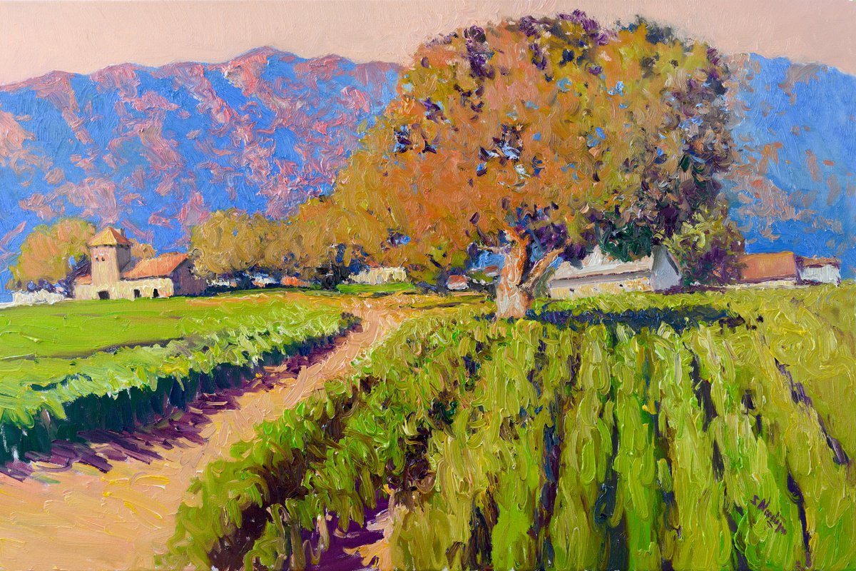 Expressive Landscape Oil Painting By Suren Nersisyan, 36 X 24", Vineyards In California, Original Artwork