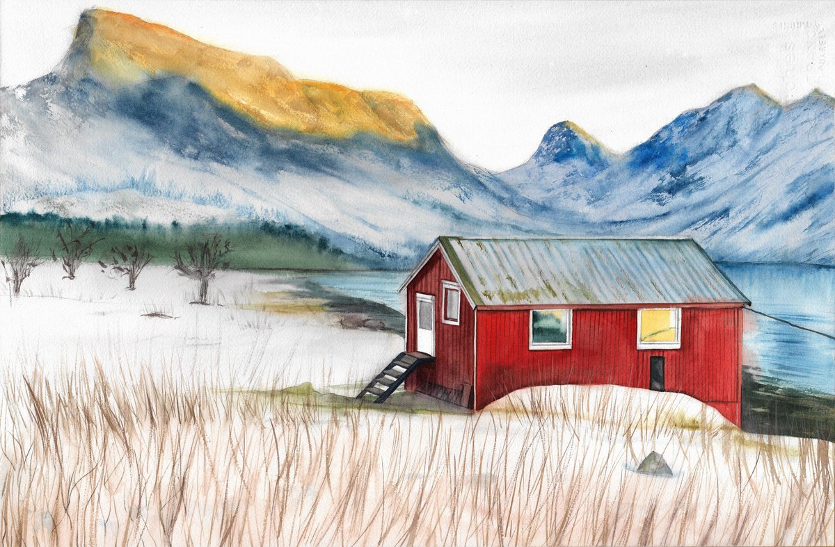 Photorealistic Landscape Watercolour By Tetiana Koda, 22 X 15", Red Cabin, Original Artwork