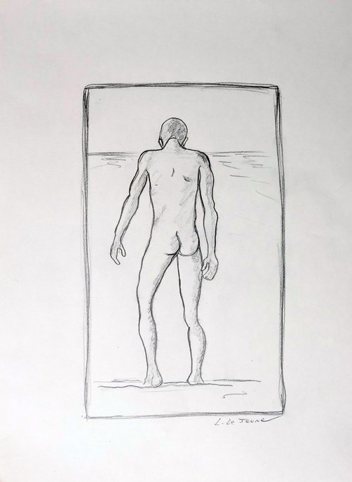 Old skecth "Man on beach" by Lionel Le Jeune