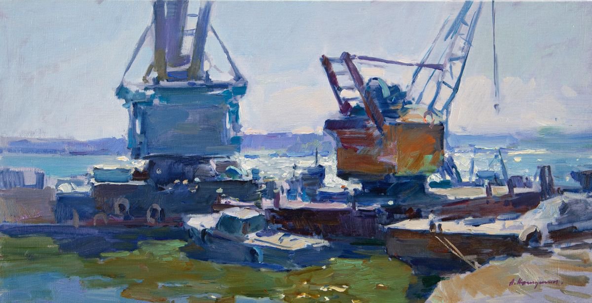 Impressionistic Landscape Oil Painting By Aleksandr Kryushyn, 31 X 16, Floating Cranes In Port, Original Artwork