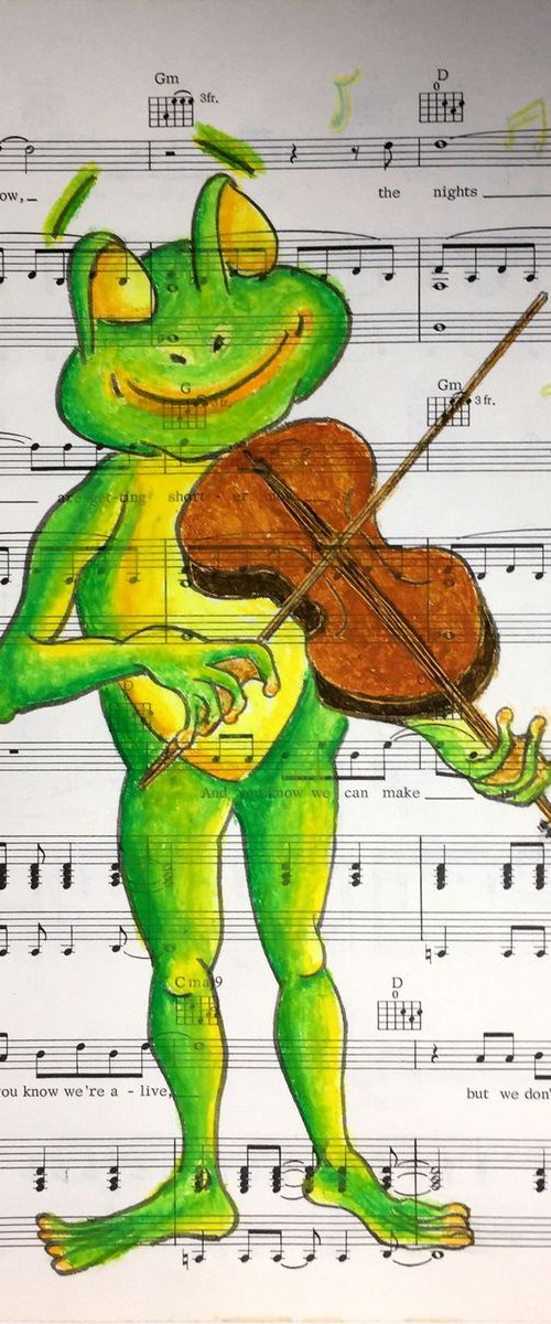 The frog loves music oil pastel by Jing Tian