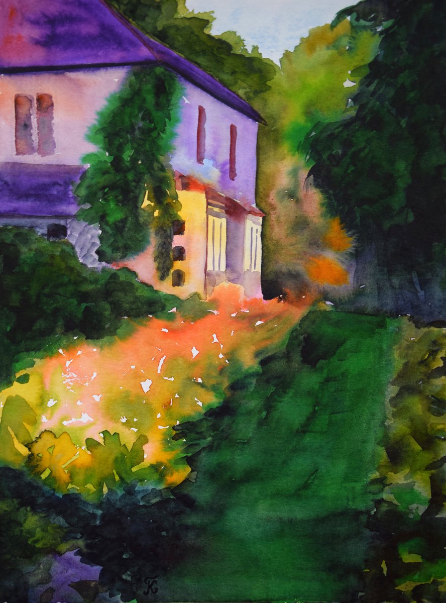 Sunset garden watercolor painting original, evening landscape wall art by Kate Grishakova