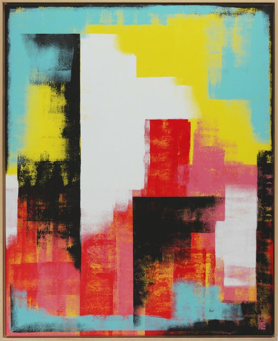 Vertical Abstract Painting - Incl Frame - Untitled in Yellow & Red - 95x115cm - Ronald Hunter - 06J