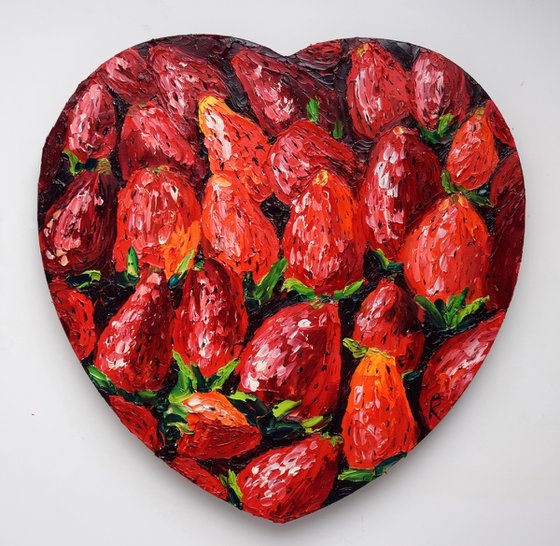 Strawberry oil painting on heart shape canvas, red berry original wall art