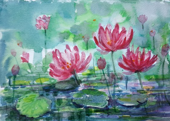 Lotus Pond 3 with Red lotus