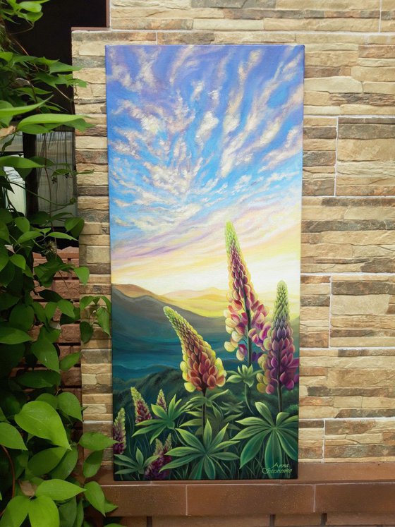 "Evening fairytale", lupines floral painting, landscape flowers art