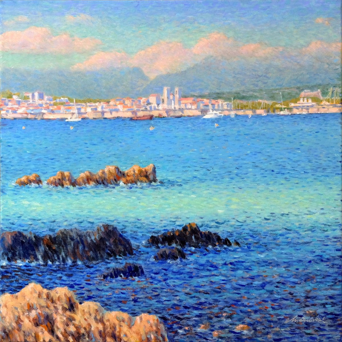 Impressionistic Landscape Oil Painting By Richard Mierniczak, 24 X 24", View On Antibes 2., Original Artwork