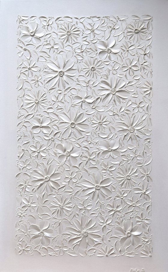 White Pearl Flowers - Abstract Heavy Textured Flowers Painting