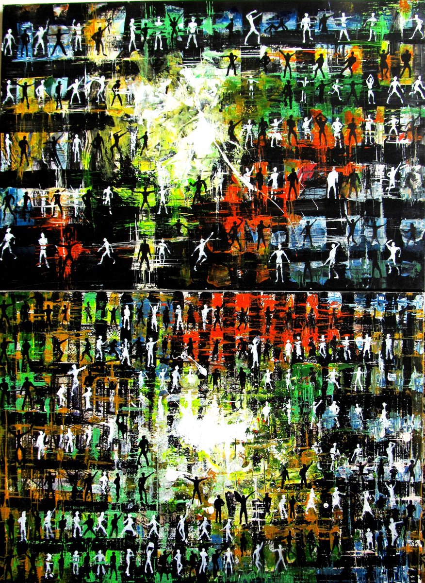 Abstract Portrait Acrylic Painting By Serhiy Roy, 22 X 29", Multi-Figure Composition No1., Original Artwork