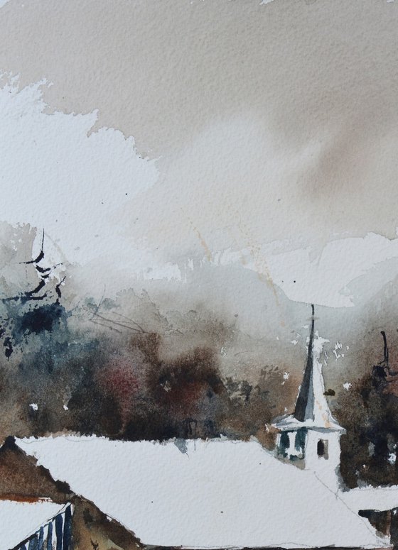village in winter watercolor