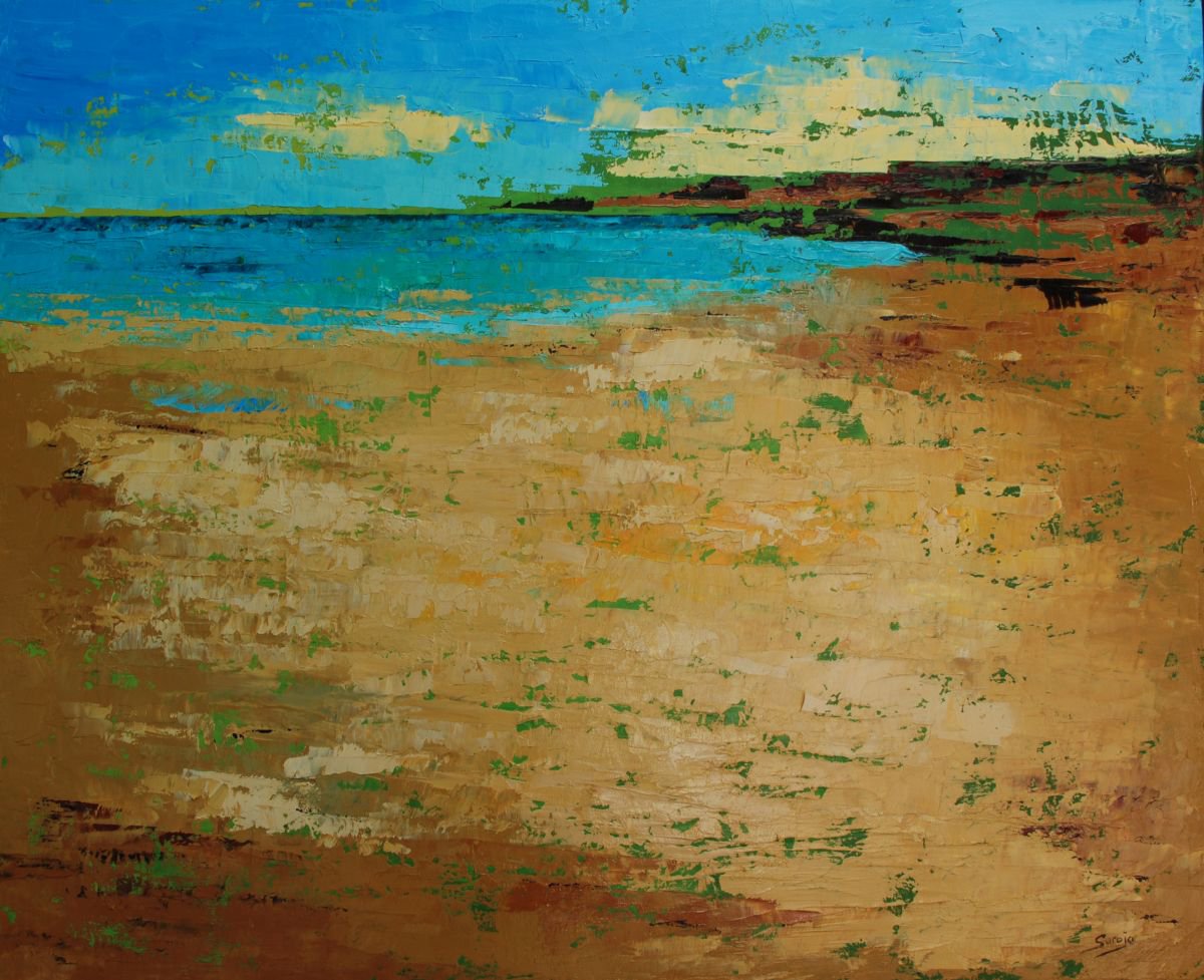 Abstract Landscape Oil Painting By Saroja Van Der Stegen, 26 X 21", Beach (Ref#:1277-12F), Original Artwork