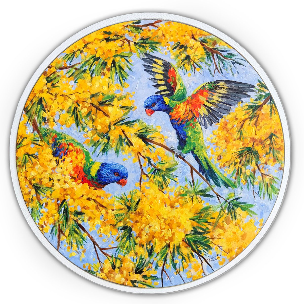 Impressionistic Animal Acrylic Painting By Irina Redine, 21 X 21, Rainbow Lorikeets In Mimosas, Original Artwork