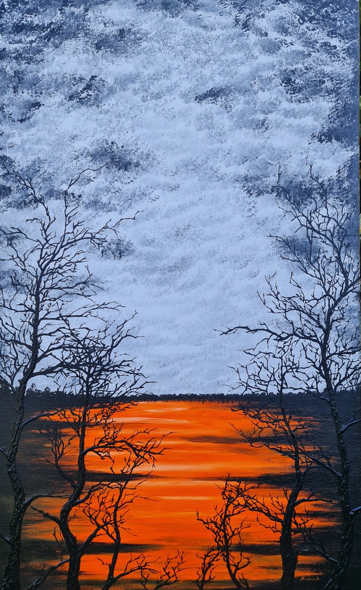 Impressionistic Landscape Acrylic Painting By Daniel Urbani?k, 20 X 31, Sun In The Lake 7, Original Artwork