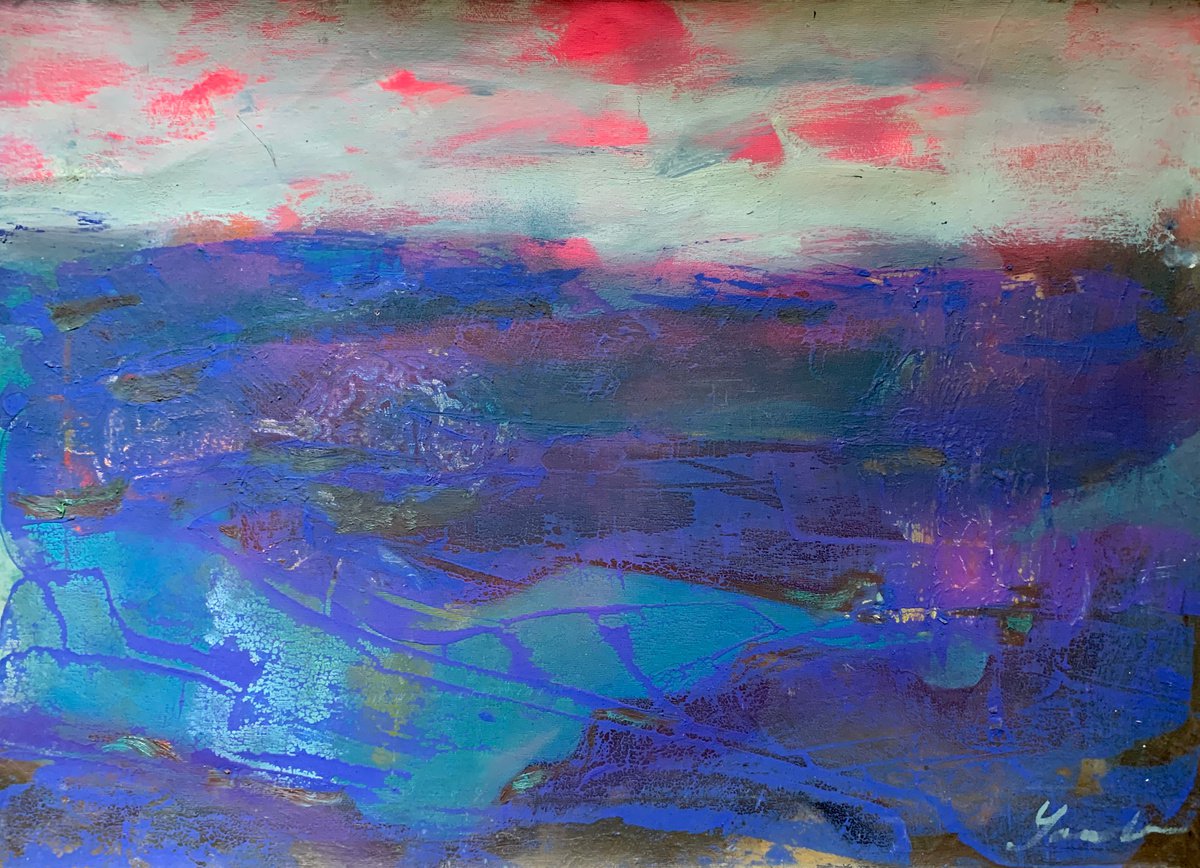 Abstract Acrylic Painting By Yaroslav Yasenev, 28 X 20", Pink Sunset, Original Artwork