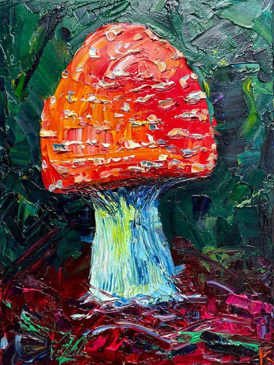 Mushroom Original Oil Painting on Canvas, Amanita Textured Wall Art, Fungi Artwork, Cottagecore Decor