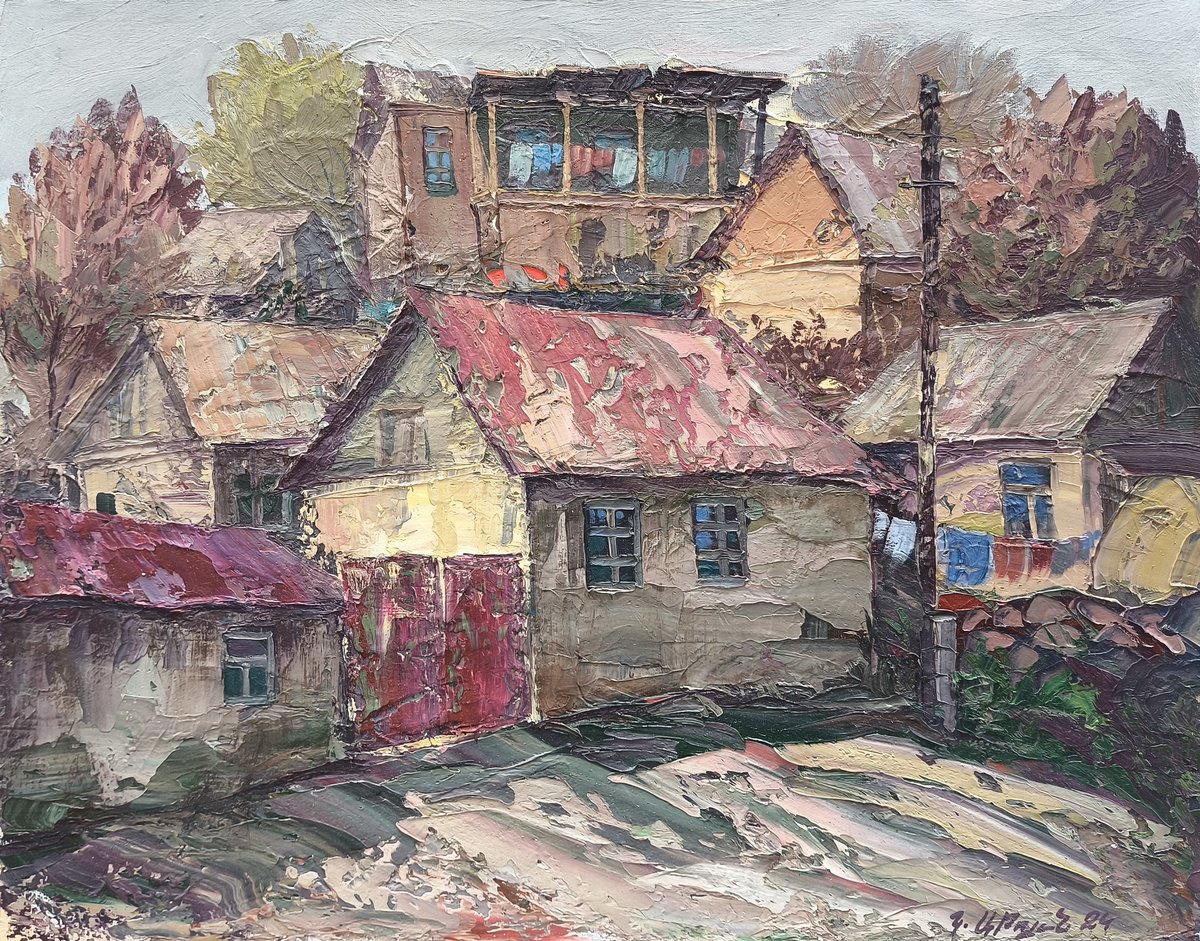 Impressionistic Landscape Oil Painting By Kamo Atoyan, 24 X 20", Rustic Village Scene, Original Artwork